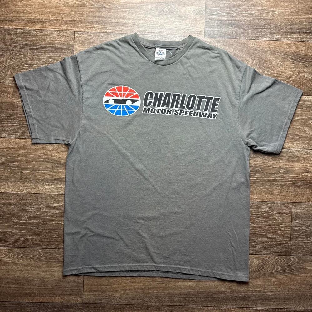 Grey Charlotte Motor Speedway Tee with Red, White, and Blue Logo